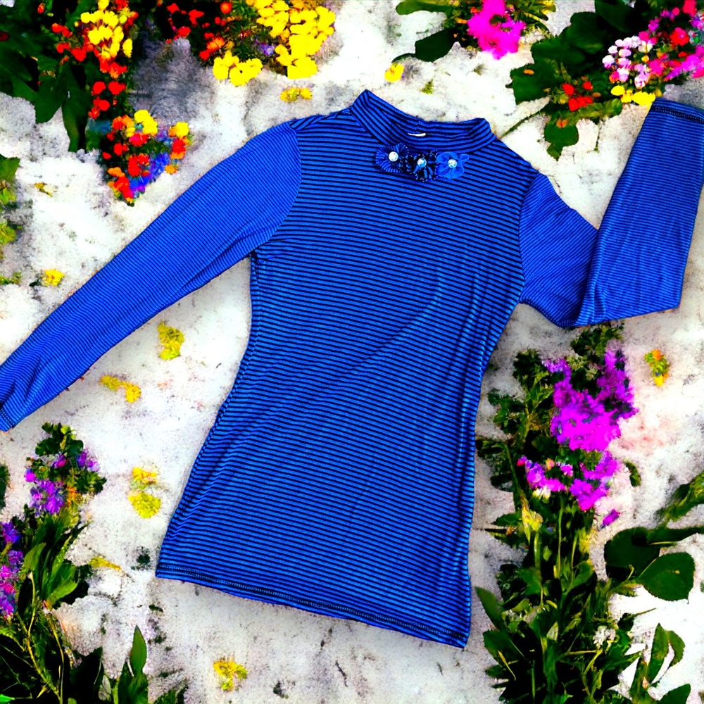 Kate Mack Long Sleeve Flower Embellished Striped Mock Neck Top EUC